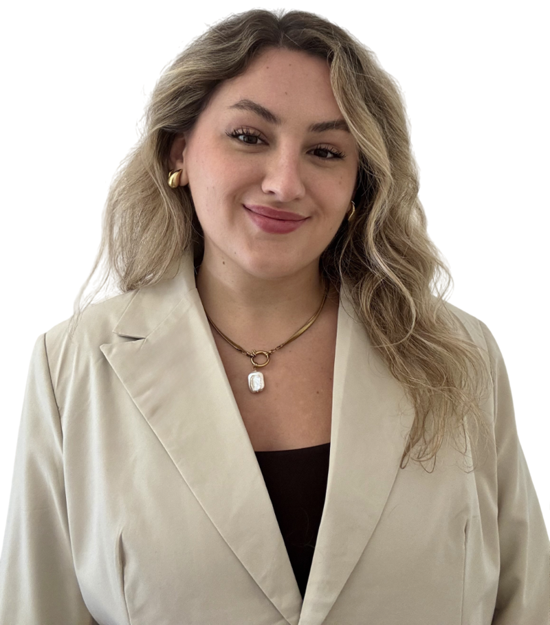 Blonde woman with friendly smile.